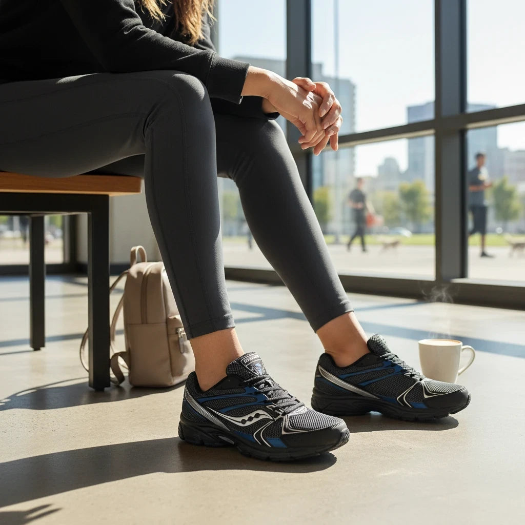 Baskets My Store 2 Midnight Eclipse 2000 noires et bleues au style rétro futuriste portées par une femme