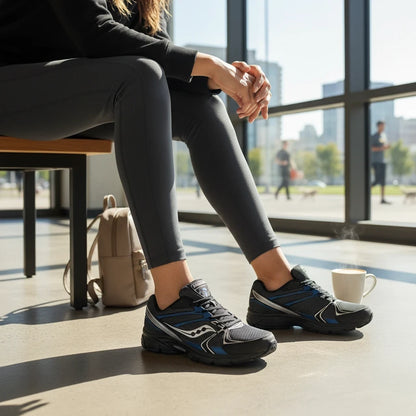 Baskets My Store 2 Midnight Eclipse 2000 noires et bleues au style rétro futuriste portées par une femme